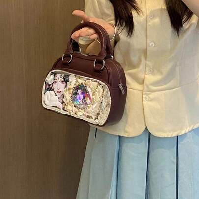 1pc Cute Y2K Bowling Bag, Niche High-End JK Lolita Transparent Decor Bag, Fashion Minimalist Women Wallet, PU Material Zipper Closure Adjustable Strap, Compact Chic Versatile Shoulder Bag, Commuter Women Crossbody Bag, Handbag, DIY Ita Bag, Suitable For School, Daily Commute, Shopping, Party, Displaying Anime Badges, Attending Comic Conventions, Cosplay, Matching JK Uniform, Etc.
