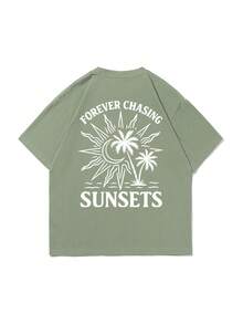 Fractyr Men's Casual Vacation Street Style Loose Fit Short Sleeve T-Shirt | Minimalist Palm Tree & Sun Letter Print | Sophisticated Design | Summer Essential | Versatile & Stylish - Olive Green - View 5