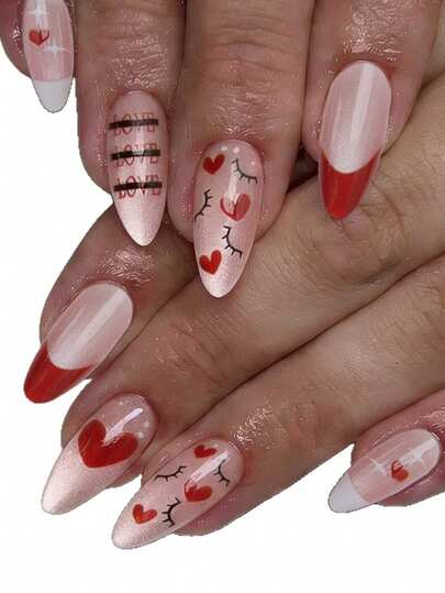 24片闪亮杏仁形情人节甜美猫眼法式心形波点星形美甲贴片，附赠一片果冻胶和一把指甲锉。使用场景：作为可佩戴的饰品，可随时轻松佩戴和摘取。适合日常通勤、社交等各种场合，也可作为临时美甲装饰，搭配不同服饰。