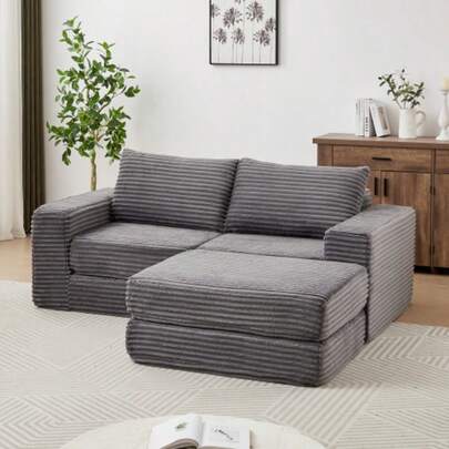 Cord-Zwei-In-Eins-Schlafsofa,Corduroy 2-In-1 Sofa Bed With Two Pillows, Classic Square Armrests, Removable Footstool, Modular Sofa With Flexible Configuration