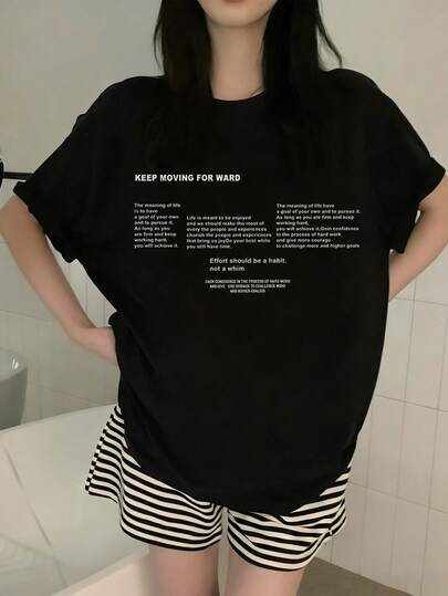 日系女式宽松圆领休闲百搭印花短袖T恤，春夏款