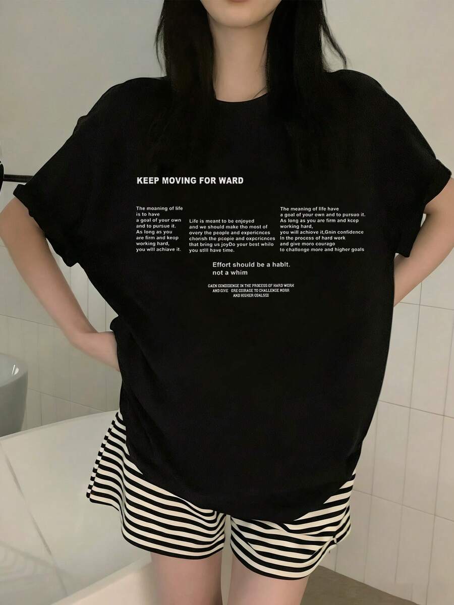 Japanese Style Women's Loose Fit Round Neck Casual Versatile Printed Short Sleeve T-Shirt, Spring/Summer - Advanced Black - View 1