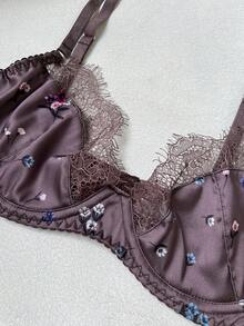 Women's Satin Printed Lace Patchwork Lingerie Set 2 Pieces Bra And Panty Set - Coffee Brown - View 8