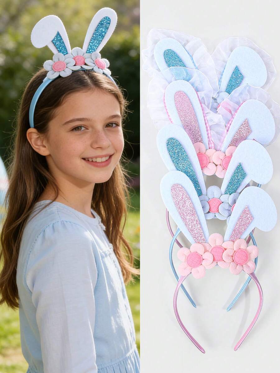 1个女童复活节兔子耳朵发箍，闪亮兔子耳朵发箍，带花朵装饰，可爱的复活节派对服装配饰 - 彩色 - 查看 1
