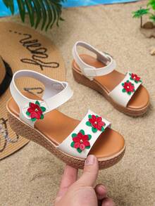 1 Pair Girls' Summer High Heel Sandals, Fashionable Floral Minimalist Hook And Loop Solid Color Casual Thick Sole Comfortable Daily Wear Non-Slip Open Toe Wedge Sandals - Red and White - View 3