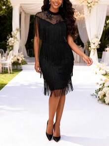 Women's Elegant Black Fringe Dress, Sheer Lace High Neck Vintage Flowing Fringe Dress, Suitable For Cocktail Party And Formal Occasions - màu đen - Xem 9