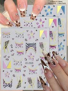 3张奢华豹纹美甲贴纸，金色链条和几何动物纹美甲贴花，适用于亚克力指甲 - 彩色 - 查看 10