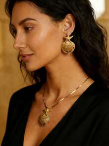 Set de 2 piezas con collar con colgante de estrella de mar y concha + aretes, de estilo minimalista, para vacaciones en la playa, fiesta en la playa, elegante y bohemio, para primavera/verano - Amarillo Oro - Ver 3