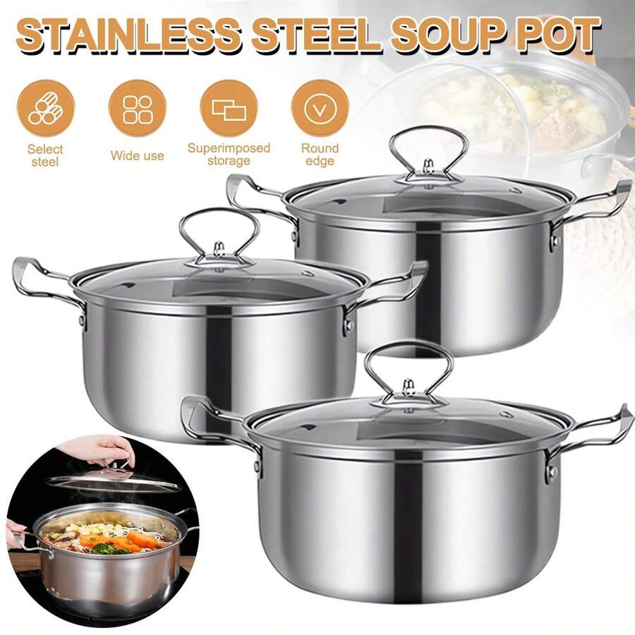 3 Pack Stainless Steel COOKWARE HOB STOCKPOT Pot Casserole Set With Glass LIDS - Silver - View 1
