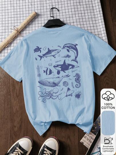 Camiseta de manga corta de algodón 100% con estampado de ballena y tiburón, para verano