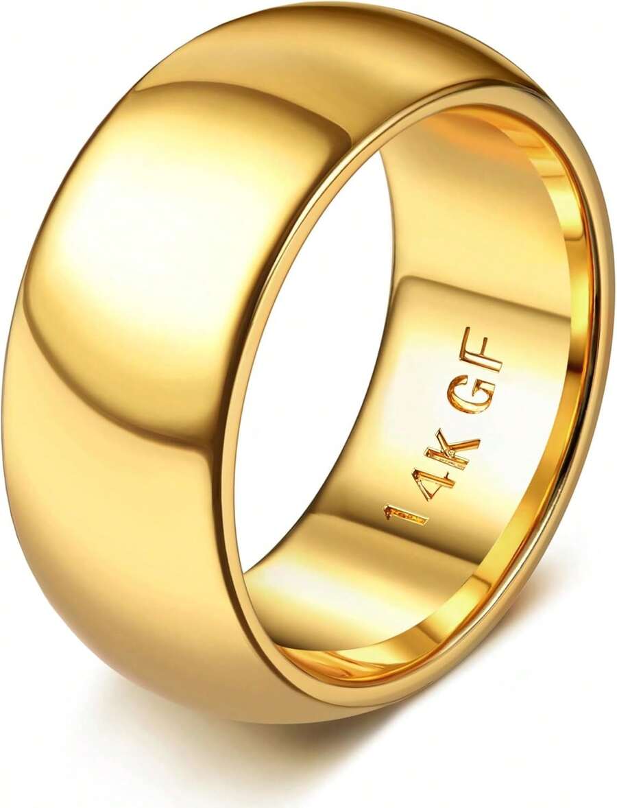 14K Gold Filled Non Tarnish Ring For Women Men - Plain Domed Comfort Fit Pinky Thumb Wedding Band Size 6-10 - 14K鍍金-10毫米 - 查看 1