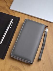 HOVI'S Men Long Wallet Two-Tone Grey PU & Suede Texture Leather - Zipper Closure Detachable Wrist Strap Large Capacity 8 Card Slots & Phone Holder Business Casual New Year Gift Valentine's Day Gift - Light Grey - View 4