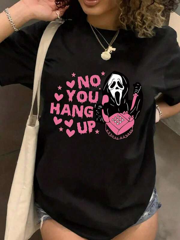 Halloween Skull &amp; Love Letter Print Crew Neck Short Sleeve T-Shirt Graphic Tees Women Tops