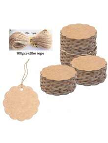 30/50/100 piezas Etiquetas de regalo de papel con forma de abanico de estilo bohemio con cuerda de yute natural, etiquetas de regalo de papel kraft redondas, adecuadas para fiesta de cumpleaños, decoración de boda, manualidades, bolsas de regalo de boda DIY (Blanco-Marrón) - Marrón - Ver 1