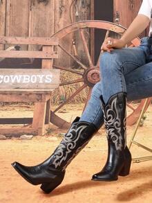 西部风格TPU刺绣系带侧拉链时尚靴，适合度假和所有季节 - 黑色 - 查看 5