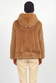 Naf Naf Camel Short Coat With Soft Faux Fur Hood Manteaux En Fausse Fourrure Maroon Fabric - Maroon - View 2