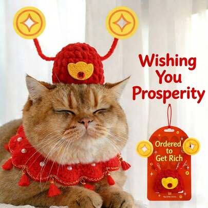 [Festive Red New Year Gift] Handmade Prosperity God Hat For Pets | Lucky Cat Shaped Hat | Cute Pet Photo Prop For New Year Greetings | Adjustable & Skin-Friendly, No Scratching Or Biting, Comfortable Fit | Suitable For Cats & Dogs, Essential For Family Gatherings And Visits | Holiday Decoration, Short Video Trending, Popular Pet Apparel