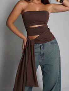 Elegant Strapless Tie-Front Blouse In Double-Layered Fabric. - 鏽棕色 - 查看 2