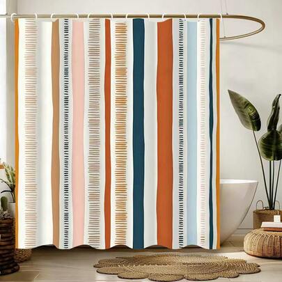 彩色线条图案防水浴帘，艺术风格浴室装饰，乔迁礼物