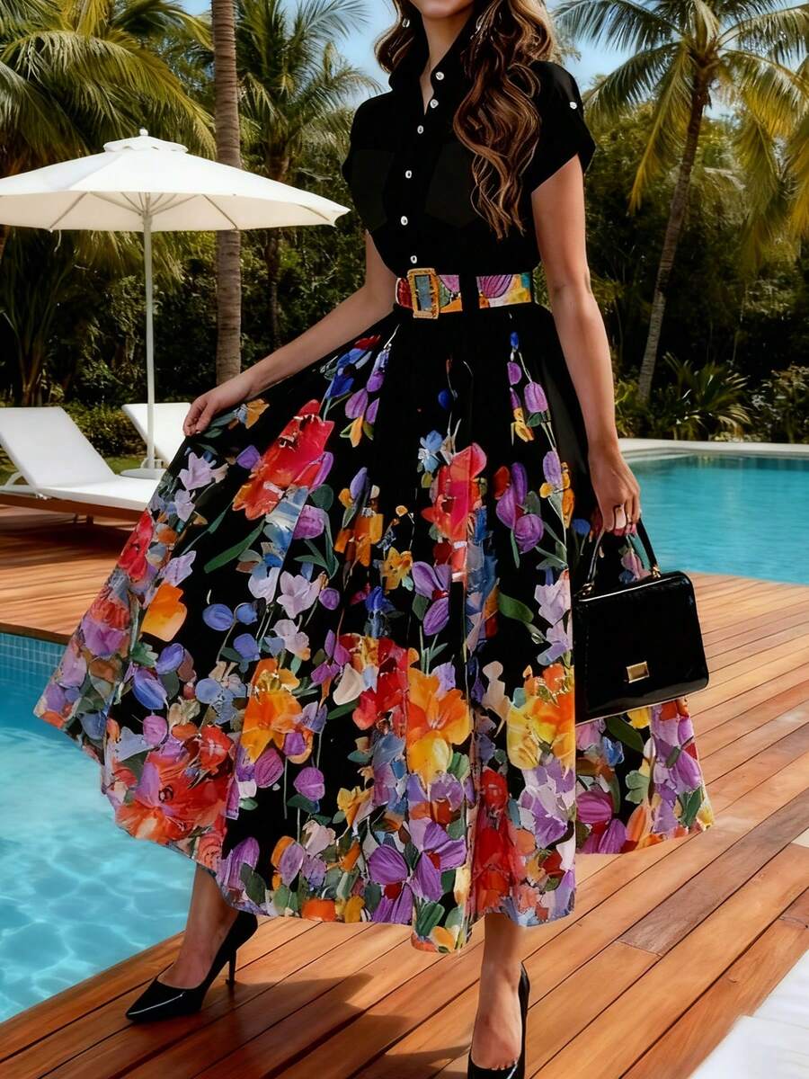 新款女士花卉印花圆领紧腰时尚优雅纽扣式摆裙 - 黑色 - 查看 1