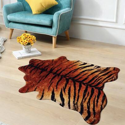 1pc Nordic Style Faux Wool Faux Animal Skin Tiger Pattern Decorative Carpet/Bath Mat/Bedroom Rug/Pet Mat, Soft & Comfortable PVC Backing Anti-Slip Machine Washable Thick Plush Warm