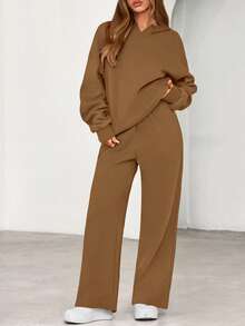 Womens Sweatsuits 2 Piece Set Casual Winter Long Sleeve Hoodie Loose Wide Leg Sweatpants Fall Tracksuit Spring Fall Clothes For Women Valentine Vacation Outfits Women - 淺棕色 - 查看 5