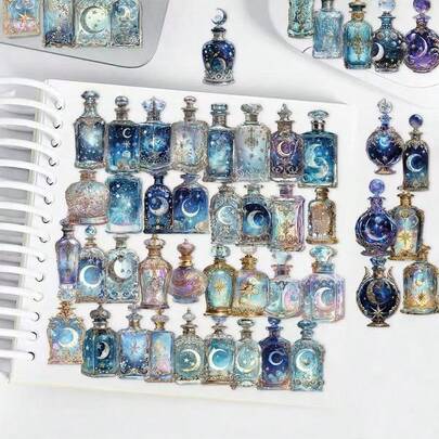 (50PCS+Sticker Box) Retro Starry Sky Magic Moon Bottle 2D Transparent PET Stickers, Vintage And Exquisite Bottle Design, Adopting Semi-Transparent Visual Design With A Gradient Blue-Purple Color Scheme, Suitable For Scrapbooking, Diaries, Water Bottles, Laptops, Phones, Weddings, Easter, Carnivals, Valentine's Day, Offices, Rooms, Wall Decor, Posters, Back To School, Round Stickers, Tile Stickers, Sticker Albums, Etc.