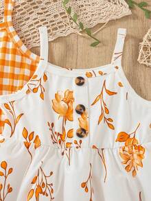 3pcs/Set Baby Girls' Floral Print Cami Dress + Solid Color Button Cami Dress + Plaid Print Button Patchwork Cami Dress - Orange - View 6