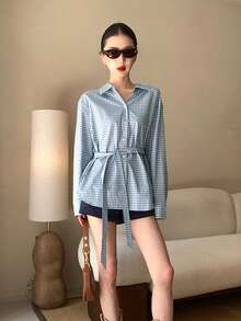 官方图片实拍价格 女士纯棉复古格子衬衫，宽松落肩设计，休闲秋季款 - 淺色水洗藍 - 查看 4