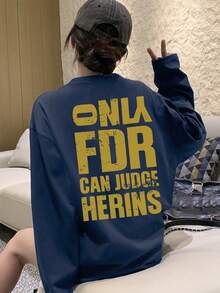 女款春季新款字母對比色印花休閒寬鬆街頭風長袖T恤上衣 - 藏藍 - 查看 3