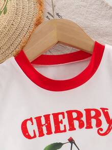 女童春夏时尚休闲风圆领白红樱桃印花短袖上衣搭配松紧腰A字荷叶边半裙两件套 - 紅色 - 查看 3