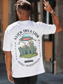 Herren Lässig T-Shirt mit Alien Invasion Muster Design, Streetstyle Urban Style, 180g reine Baumwolle, weich und bequem, geeignet als Geschenk für Familie und Freunde, 2026 Neujahr Valentinstag Geschenk - Weiss - Übersicht 1