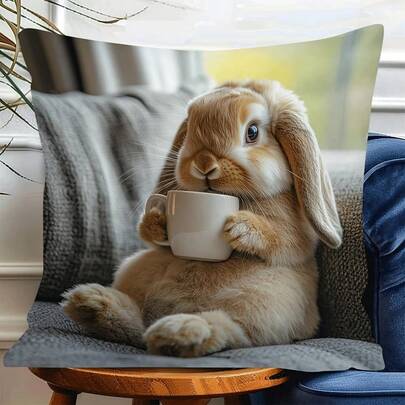 1Pc Whimsical Rabbit Design Throw Pillow Covers - 17.7*17.7 Inches, Single-Side Print, Machine Washable & Zipper Closure, Contemporary Style, Suitable For Car, Bedroom, Living Room Sofa Decor, Cozy Home Accessory, Soft Fabric, Not Insert Included