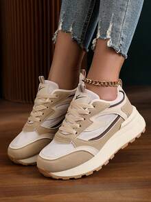 1 Pair Women's Chunky Waffle Sneakers, Thick Sole Elevated Casual Running Shoes, Spring/Summer - Khaki - View 2