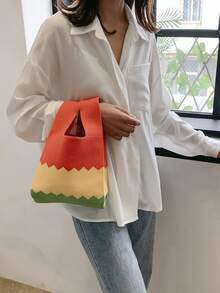 lulu kewen 女士条纹图案钩编打结包，单件装迷你钩编包，手提包，条纹图案针织钩编，透气轻便，可折叠口袋，适合放置手机、零钱、钥匙、雨伞、化妆品、口红、香水、书籍等 - 防污，敞口设计，时尚女士手提包 - 彩色 - 查看 7