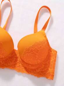 Conjunto de lencería elegante de encaje | Sujetador de alto soporte con ribete de encaje en contraste y pantie de cintura media, unicolor, relleno no extraíble - Naranja - View 5