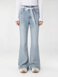 Annil Girls' Flared Jeans With Slits, New Spring Style, Sweet And Cool, With Lace Belt. - Medium Blue Jeans - View 1