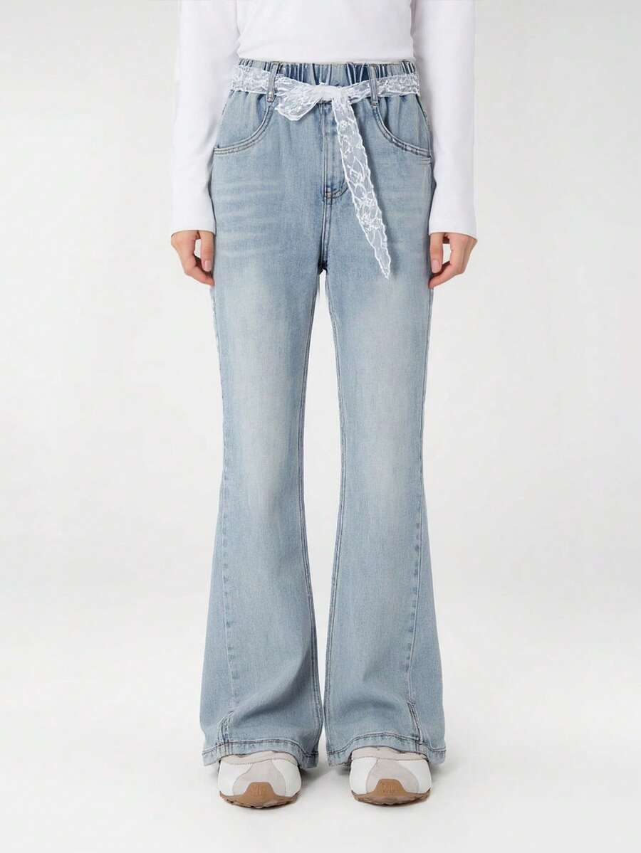 Annil Girls' Flared Jeans With Slits, New Spring Style, Sweet And Cool, With Lace Belt. - Medium Blue Jeans - View 1