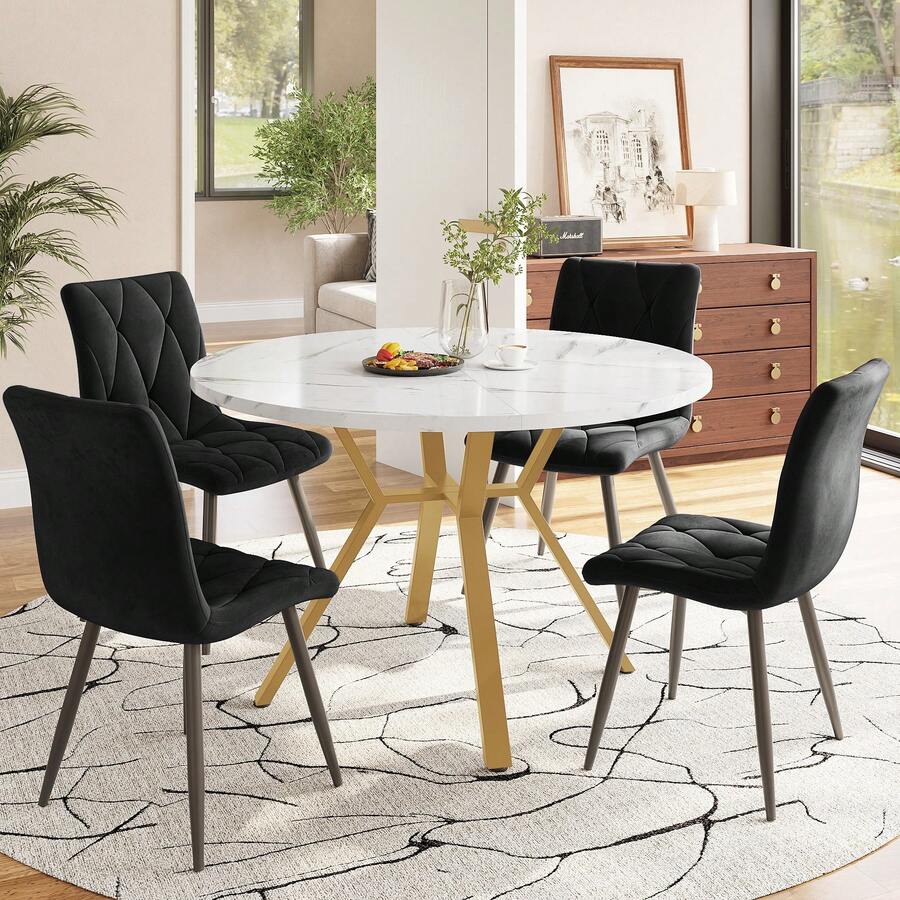 Dining Table And Chair Set (5 Pieces Total), Round Marble Dining Table. Gold Metal Table Legs + 4 Optional Multicoloured Velvet Chairs. - Black - View 1