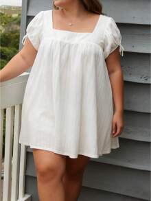 Women's Plus Size Dress Casual Stylish Solid Color Bows Square Neck Short Sleeve Mini Dress - 白色 - 查看 1