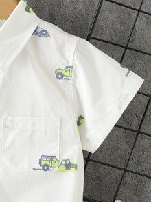 Young Boy Cartoon Car Print Button-Front Short Sleeve Shirt - White - View 4