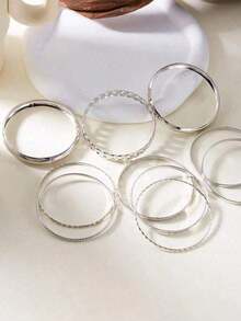 7pcs Exaggerated Personality Hammered Hexagram & Open Bangle Bracelet Set - bạc - Xem 3