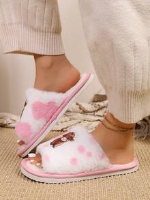 Pantufas femininas felpudas com tiras cruzadas e bico aberto, pantufas antiderrapantes para uso interno com design 3D moderno. - Rosa - Ver 4