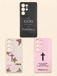 3件套基督教圣经经文手机壳，印有励志宗教语录和十字架图案的软TPU手机壳，黑色/粉色/白色可选，基督教信仰礼物，适合日常生活和教会活动，兼容和Galaxy，国际版，非国内版 - 彩色 - 查看 58