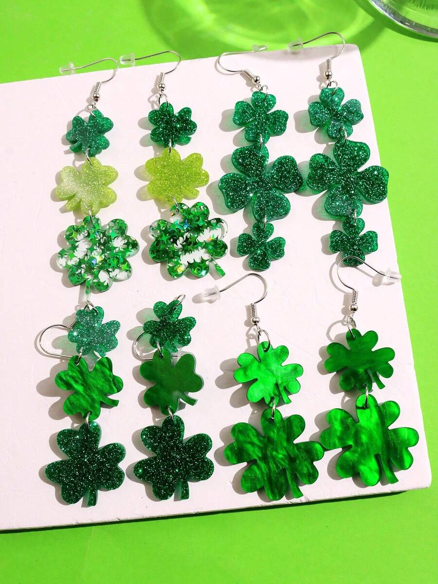 一对圣帕特里克节创意趣味独特精致可爱卡通亚克力几何四叶草啤酒吊坠耳环，适合女士日常穿搭、节日派对饰品 - 彩色 - 查看 1