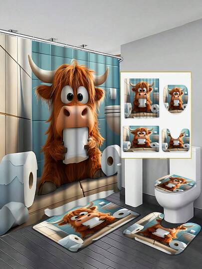 1/4 件套可爱高地牛浴室套装（包含马桶盖套、浴垫和纸巾盒套） - 可爱的奶牛主题装饰，适合成人，可机洗柔软套装（奶牛图案），四季皆宜