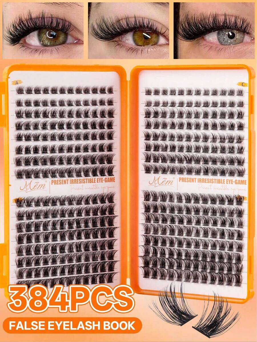 MEM 384/144pcs Individual Lashes Eyelash Book Clusters Extensions False Eyelash DIY At Home Cluster Eyelash Extensions Makeup, Suitable For Various Occasions Including Travel, Daily Wear (Suitable For Beginners), Weddings, Dates, Parties, Holidays, Especially Suitable As A Gift - 黑色 - 查看 1