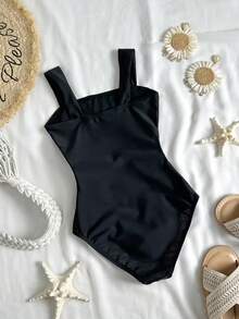 Girls' Colorful Patchwork Hollow-Out One-Piece Swimsuit, Black Strap Beach & Pool Swimming Costume - Black - View 2