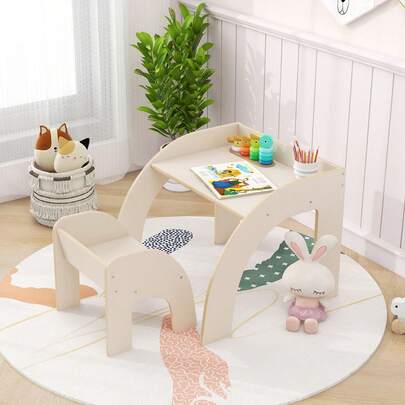  COSTWAY Kids Desk And Chair Set, Wooded Toddler Table And Chair Set With Proper Height, Wide Desktop With Baffle For Eating Drawing Reading, Montessori Furniture For Kids, White