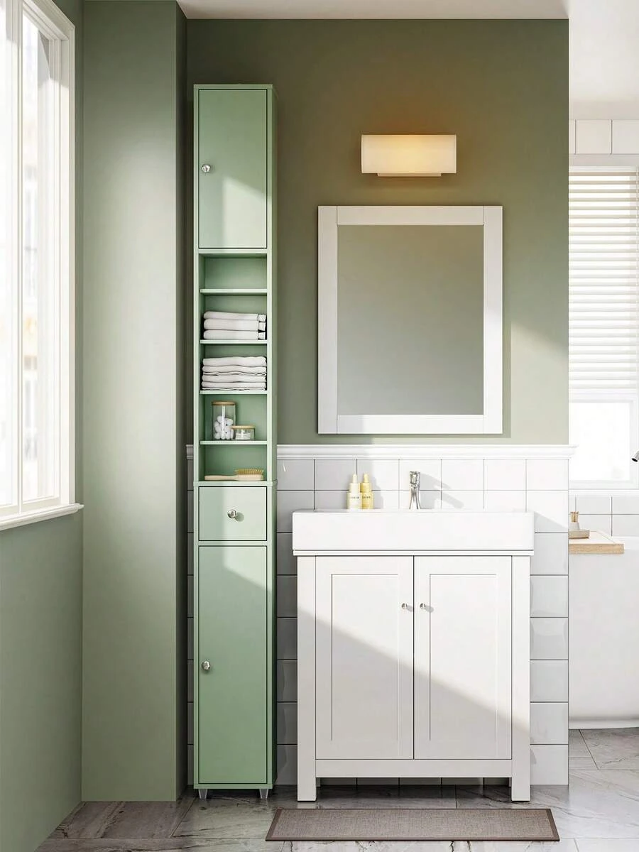 SoBuy Badezimmerschrank Hochschrank Schmal Badschrank für kleine Bäder mit verstellbaren Einlegeböden Platzsparender Badezimmer Schrank für Waschbecken, WC, Waschmaschine, 20x20x180cm BZR34-II-GR - Grün - Übersicht 1